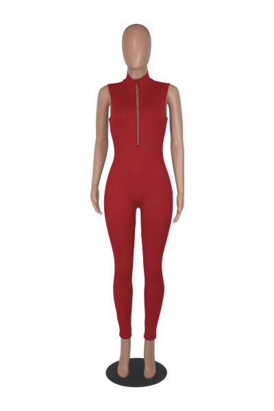 Fashion women's solid color brick and stone zipper jumpsuit