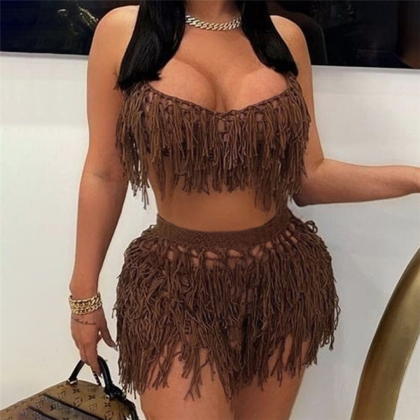 Fashionable Tassel Sexy Spicy Girl Wrapped Chest Perspective High Waist Wrapped Hip Shorts Set