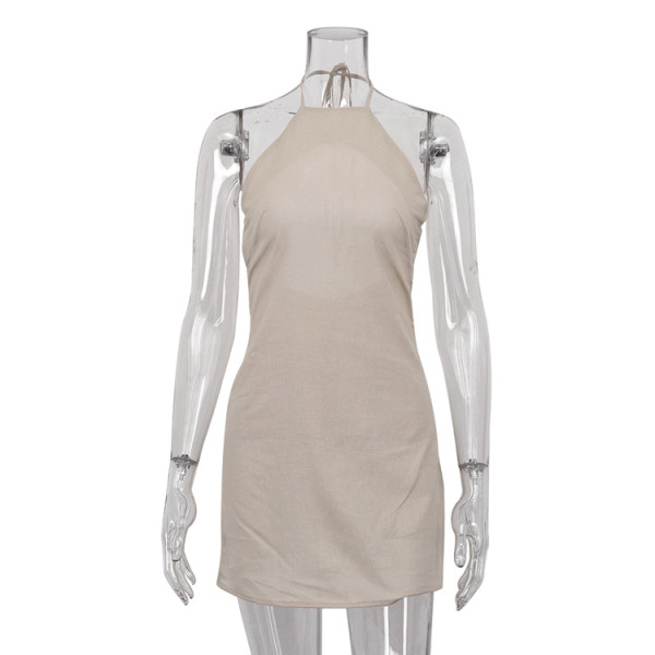 Cotton and linen dress with open back and sexy spicy girl hanging neck tie up A-line skirt
