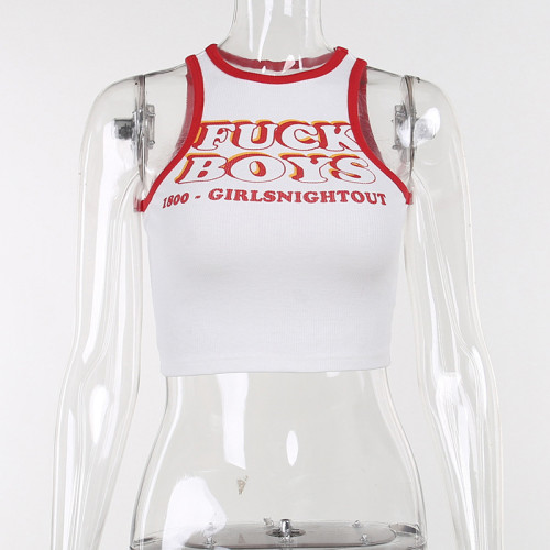 Knitted contrasting letter printed short tank top versatile top
