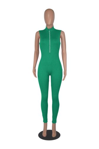 Fashion women's solid color brick and stone zipper jumpsuit
