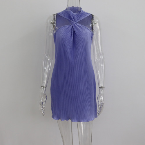 Round Neck Twisted Off Shoulder Short Skirt Pleated Sexy Dress