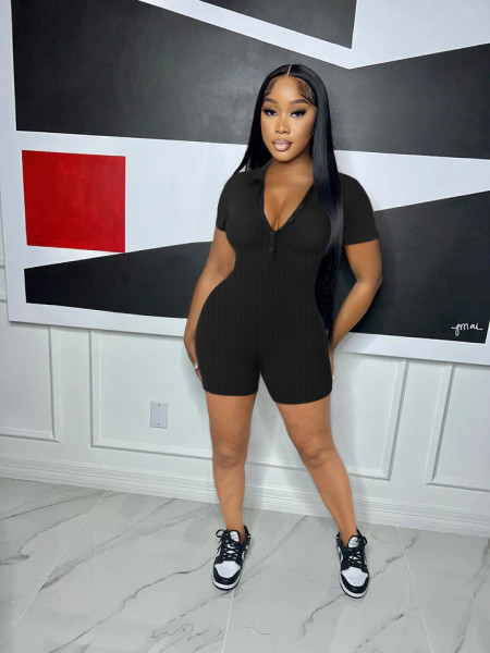 Women's solid color lapel ribbed tight casual jumpsuit