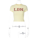 Fashion Street Personality Bead Embroidered Round Neck Short Sleeve Open Navel T-shirt Top