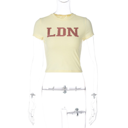 Fashion Street Personality Bead Embroidered Round Neck Short Sleeve Open Navel T-shirt Top