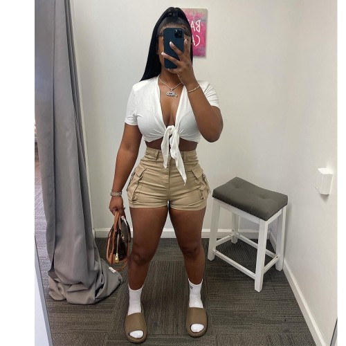 Fashion Street Shooting Thin Solid Lace Up Short Top