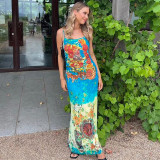 Fashionable temperament, personalized print, one line neck, strap dress