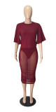 Pleated buttocks wrapped mesh sexy slim fitting long skirt two-piece set