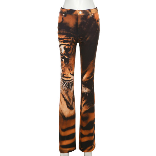 Women's fashionable and personalized street digital tiger print high waisted straight pants