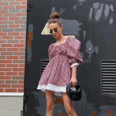 Printed Dress Fashion Bubble Sleeve Square Neck Slim A-line Dress Fragmented Flower Dress