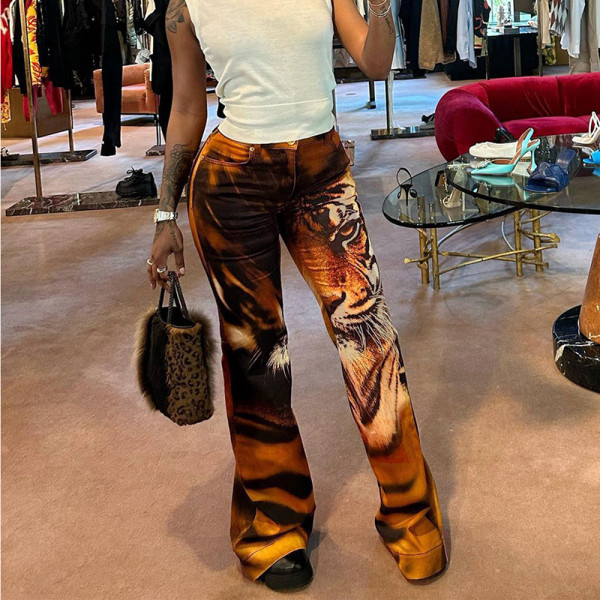 Women's fashionable and personalized street digital tiger print high waisted straight pants