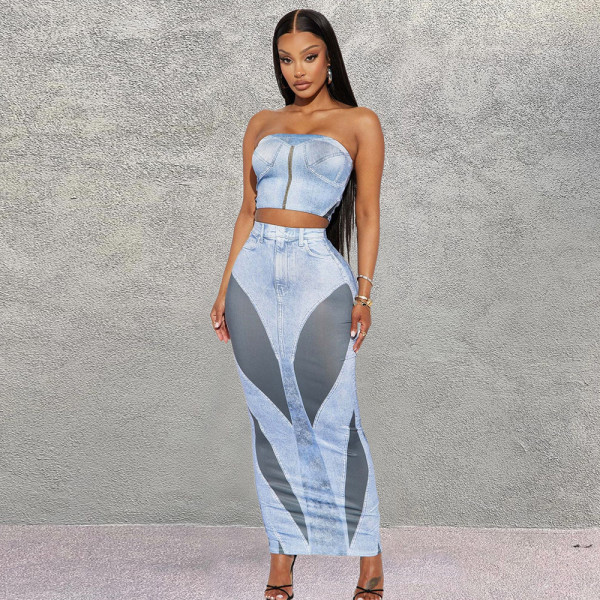 Open navel, open back, sleeveless printed skirt set
