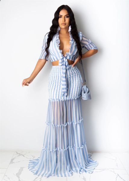 Striped Chiffon Printed Women's Slim Fit Set Skirt Evening Dress Set Skirt
