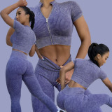 Sandwash Seamless Yoga Set Sports Bra Yoga Tank Top Short Sleeve Fitness Suit Hip Lift High Waist Yoga Pants Set