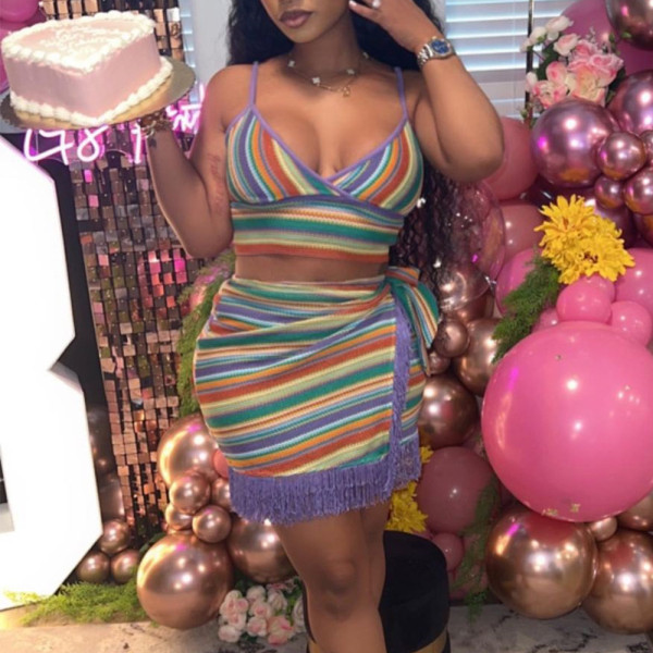 Contrast Tassel Open Umbilical Lace Up Dress Set