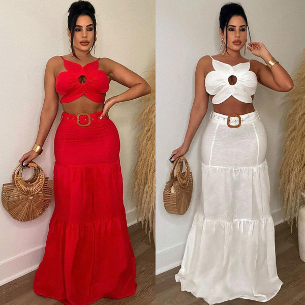 Sexy Solid Color Irregular Sling Strap Strap Large Skirt Waistband Set