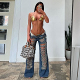Personalized trendy tassels with torn holes and washed jeans
