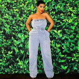 Spliced open back pocket wash denim jumpsuit