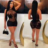 Sexy Hollow Out Perspective Panel Sleeveless High Waist Tight One Piece Shorts