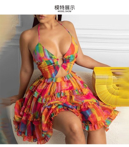Hollow Lace V-Neck Waist Hanging Neck Printed Strap Dress