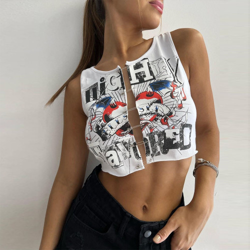 Street navel exposed printed cardigan button knit vest