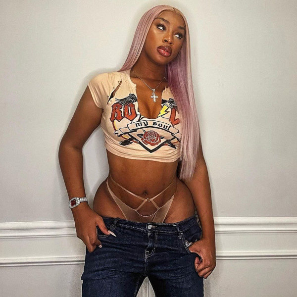 Open navel hole printed T-shirt top