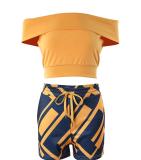 Off shoulder top with contrasting printed short pants set