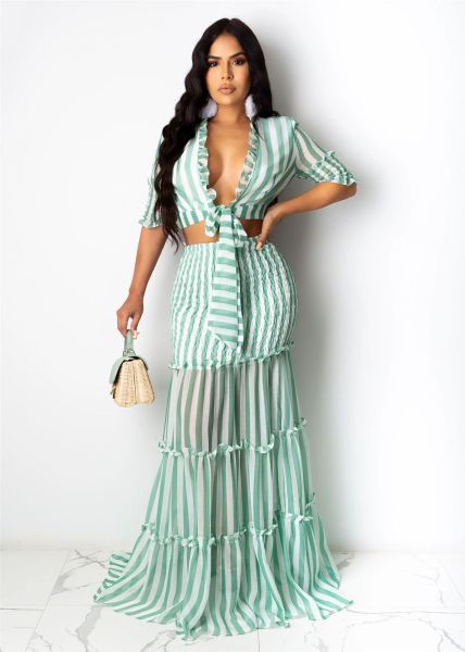 Striped Chiffon Printed Women's Slim Fit Set Skirt Evening Dress Set Skirt