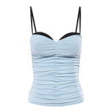 Contrast suspender pleated open back spicy girl tank top T-shirt