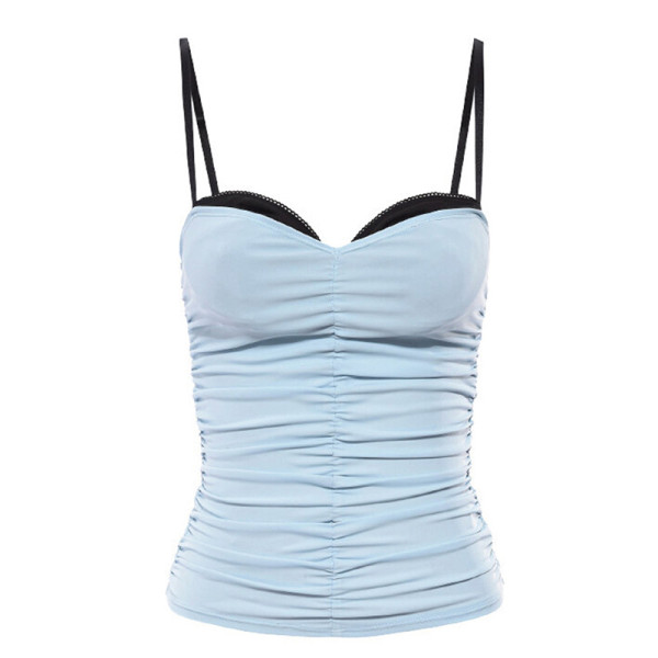 Contrast suspender pleated open back spicy girl tank top T-shirt