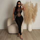 Sexy Hollow Out Perspective Panel Sleeveless High Waist Tight One Piece Pants