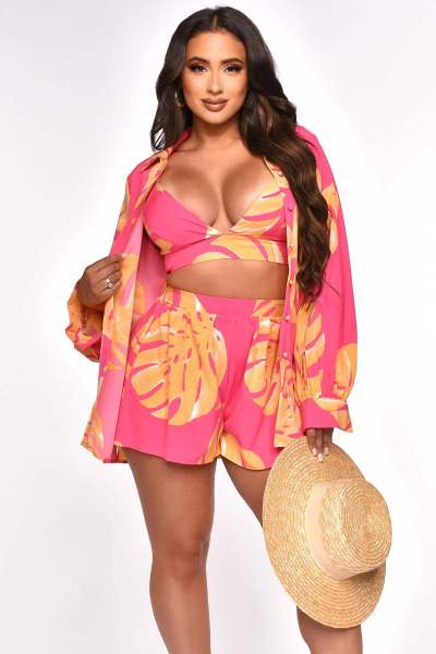 Fashionable and Sexy Printed Three Piece Set with Four Sides Snap