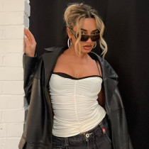 Contrast suspender pleated open back spicy girl tank top T-shirt Contrast suspender pleated open back spicy girl tank top T-shirt