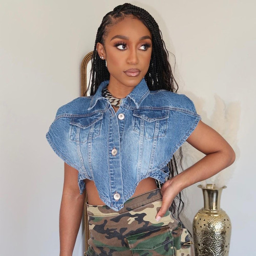 Open navel lace up sleeveless irregular denim vest