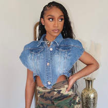 Open navel lace up sleeveless irregular denim vest Open navel lace up sleeveless irregular denim vest
