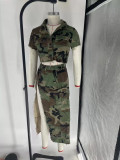 Wash Water Camo Collar Short Sleeve Split Long Dress Wash Water Camo Cover