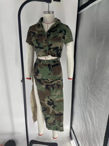 Wash Water Camo Collar Short Sleeve Split Long Dress Wash Water Camo Cover