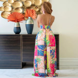 Sexy printed suspender with metal chain shoulder strap wide leg jumpsuit