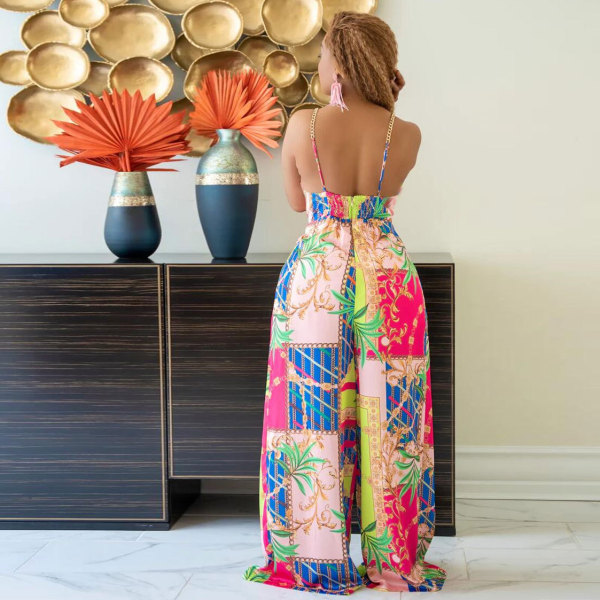 Sexy printed suspender with metal chain shoulder strap wide leg jumpsuit