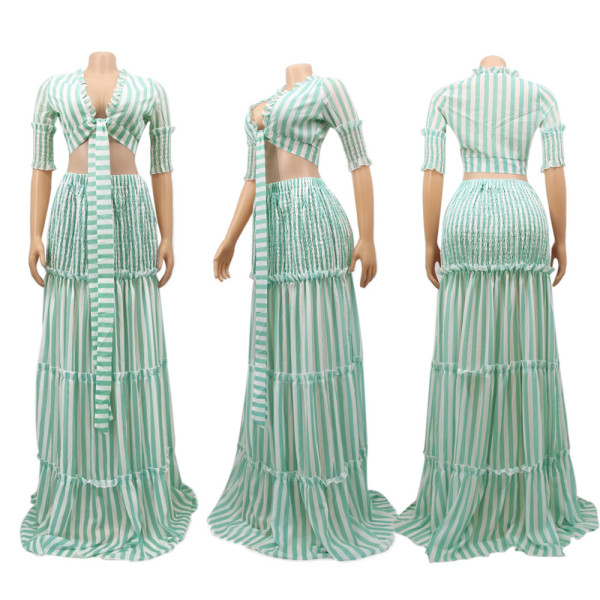 Striped Chiffon Printed Women's Slim Fit Set Skirt Evening Dress Set Skirt