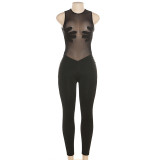 Sexy Hollow Out Perspective Panel Sleeveless High Waist Tight One Piece Pants