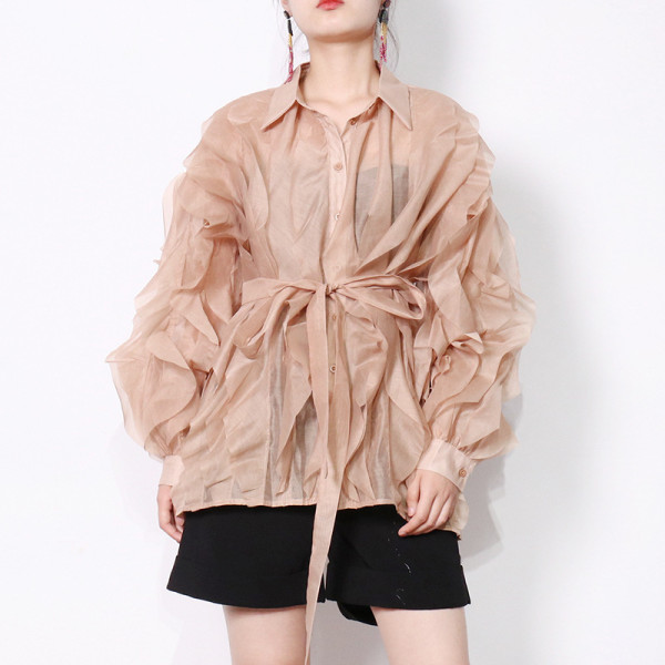 Polo collar, long sleeved personalized ruffle edge, long sleeved waistband, solid color women's shirt