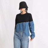 Fashionable personality, asymmetrical design, washable denim patchwork, loose casual sweater