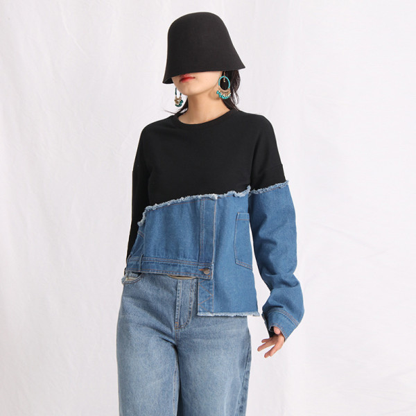 Fashionable personality, asymmetrical design, washable denim patchwork, loose casual sweater