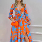 Women's printed temperament commuting long high waisted slit sexy dress