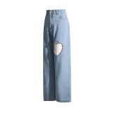 Washed Diamond Hollow Heart Decorative Straight Leg Jeans Fashion Loose Slim Straight Leg Pants