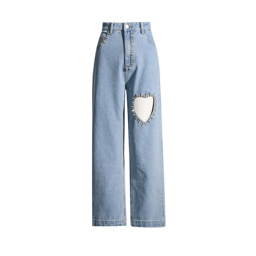 Washed Diamond Hollow Heart Decorative Straight Leg Jeans Fashion Loose Slim Straight Leg Pants