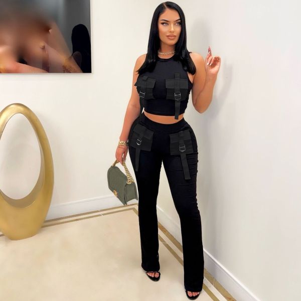 Women's multi pocket work suit two-piece tight fitting buttocks fashion pants set