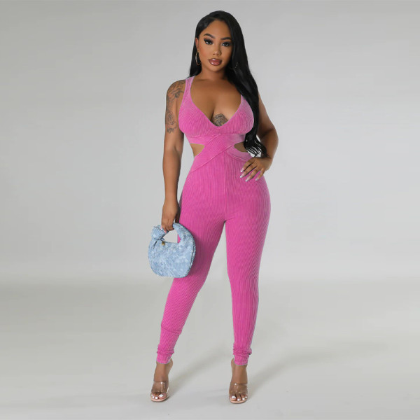 Sleeveless sexy deep V-neck tight jumpsuit