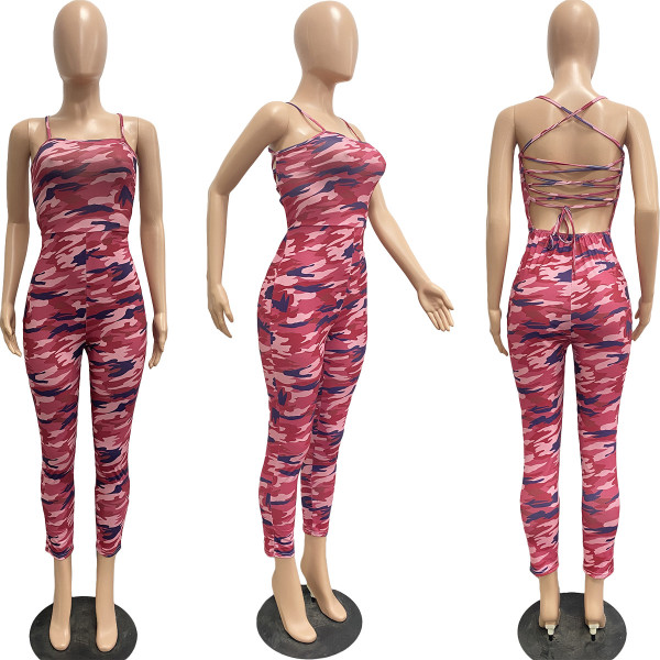 Women's casual cotton sexy strapless camouflage suspender jumpsuit